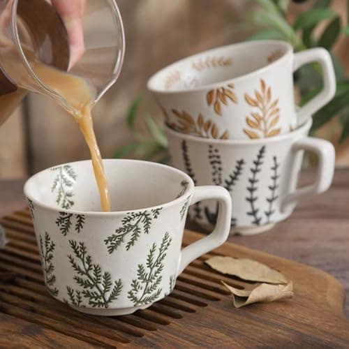 Tvvtuww Ceramic Mug 1pcs, 11oz - Vintage Coffee Mug, Pottery Cups for Milk, Latte, Cappuccino, Tea - Porcelain Dishwasher, Microwave Safe Stoneware Green Leaf - Thumbnail 2