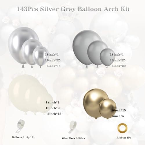 Silver Grey Balloon Garland Arch Kit 143Pcs Sand White Grey Metallic Silver Gold Latex Balloons for Bridal Shower Anniversary Engagement Wedding Birthday Party Decorations - Thumbnail 2