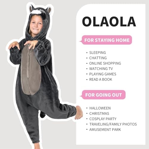 OLAOLA Raccoon Kids Onesie, Thanksgiving Unisex Animal Onesies, Plush Cosplay Pajamas for Girls Boys, One Piece Sleepwear Halloween Costume - Thumbnail 3