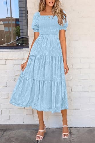 PRETTYGARDEN Women's 2026 Summer Casual Midi Dresses Square Neck Short Sleeve Smocked A Line Floral Flowy Elegant Boho Dress (Light Blue,Medium) - Thumbnail 4