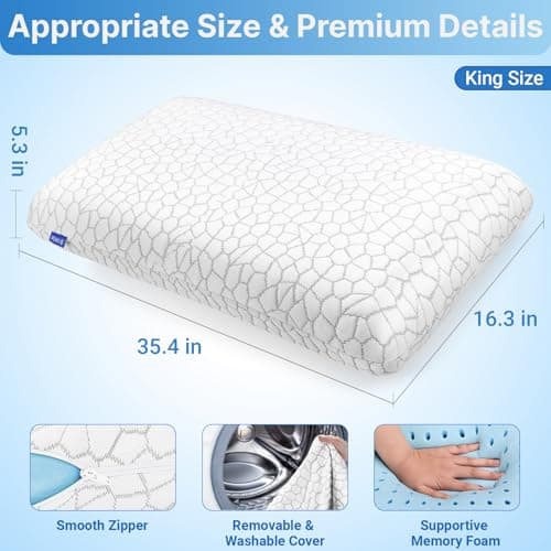TranquilMoments Memory Foam Pillows, Bed Pillow, Bed Pillow for Side, Back and Stomach Sleepers, Neck Pillow for Sleeping with Removable and Machine Washable Cover, King Size (1 Pack) - Thumbnail 2