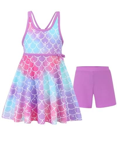 sweetabby Girls Swimsuit Toddler Bathing Suit Purple Mermaid Swimsuit Girl Cover Up Swim Dress with Shorts 2 Piece Tankini Set Kids Swimwear Size 6 7 - Image 1