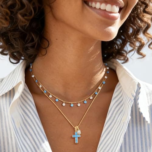 Fettero Cross Cross Necklace for Women - 14K Gold Plated Dainty Turquoise Cross Pendant Cute Simple Necklaces Non-Tarnish Faith Gold Necklace for Women Trendy Religious Jewelry Gift - Thumbnail 6