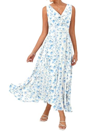 GRACE KARIN Women's Summer Sleeveless Maxi Dress V Neck Floral Wedding Guest Dress Beach Vacation Clothes White Blue M