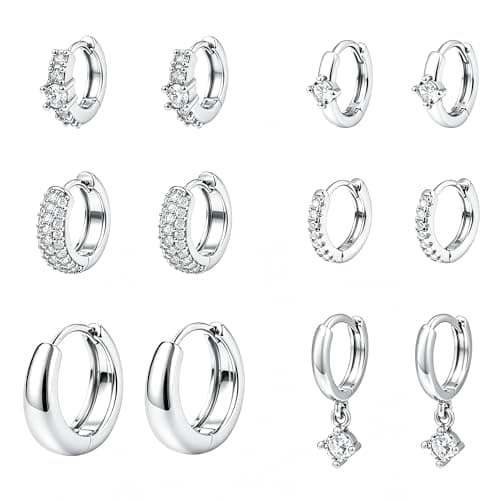 Wgoud 12 Pairs Small 14K Gold Plated Chunky Hoop Earrings for Women Hypoallergenic Lightweight Gold/Silver Hoop Earring Set for Sensitive Ears Trendy Cartilage Huggie Hoops Stacks for Multiple Piercing Jewelry (Silver-6 pairs- round) - Image 1