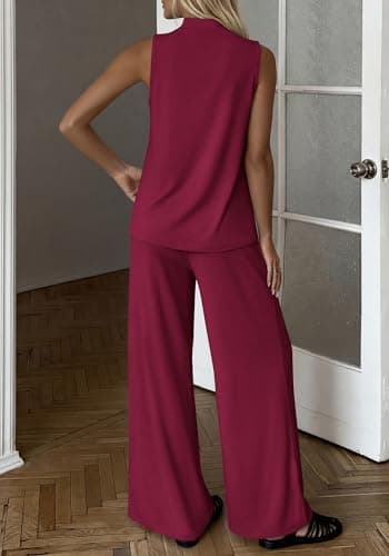 BTFBM 2 Piece Outfits For Women Airport Travel Summer 2026 Loose Mock Neck Sleeveless Wide Leg Pants Workout Lounge Sets(Burgundy, Small) - Thumbnail 3