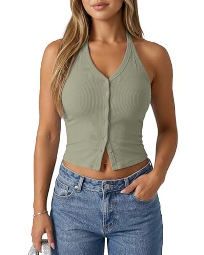 G4Free Halter Tank Top Going Out Y2K Ribbed Slim Fit Open Back Camisole Trendy Backless Crop Cami Tops (Gray Olive,XS) - Image 1