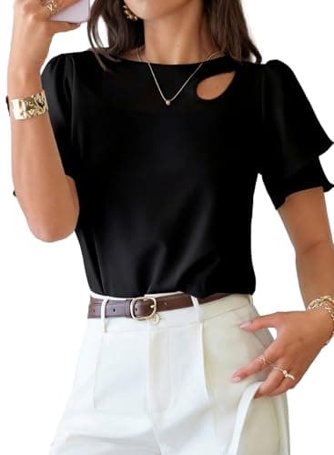 Dokotoo Black Blouses for Women Solid Color Crew Neck Ruffle Flowy Short Sleeve Tops Casual Spring Boho Babydoll Cut Out Comfy Shirt Fashion Outfits Clothes 2026 XX-Large - Image 1
