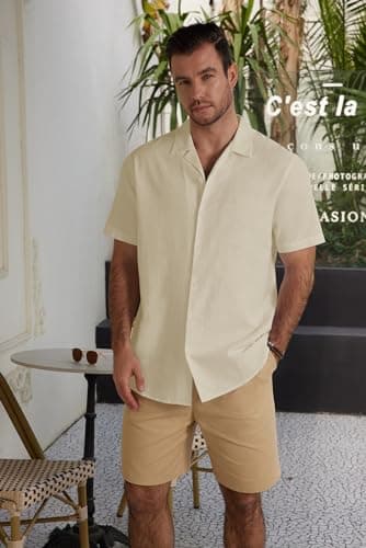 JEKAOYI Mens Casual Cotton Linen Button Down Short Sleeve Shirts Summer Cuban Camp Beach Shirts Vacation Wedding Shirt Beige - Thumbnail 2