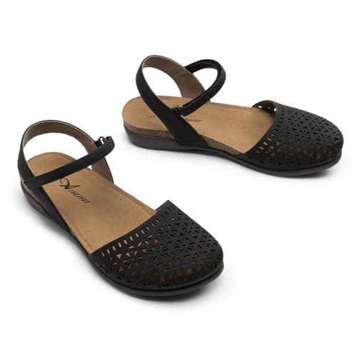 Athlefit Women's Closed Toe Sandals Comfort Cork Footbed Arch Support Flat Sandals Black Hollow Size 11 - Thumbnail 6