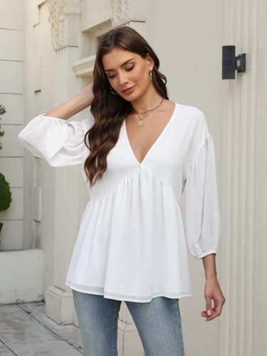 Aotasely Women's Flowy Peplum Babydoll Tops 3/4 Length Puff Sleeve Shirts Trendy Casual Loose Fit Blouse V Neck Outfits White - Thumbnail 3