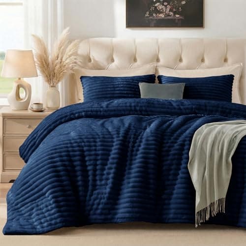 Quataly Marshmallow Queen Fleece Comforter Set Navy Blue Faux Fur Fluffy Comforter Set Luxury Bedding Set Soft Plush Fuzzy Warm Bed Set All Season 3 Pieces (1 Shaggy Comforter, 2 Pillowcases) - Image 1