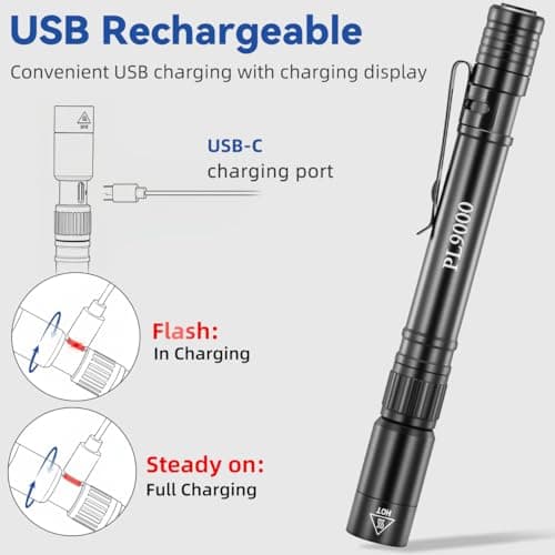 2Pack Pen Flashlight Rechargeable PL9000, 5Mode Bright Pen Light Flashlight High Lumens, Waterproof Pocket Flashlights, EDC Adjustable Tactical Flash Light, LED Small Lights with Clip for Emergencies - Thumbnail 3