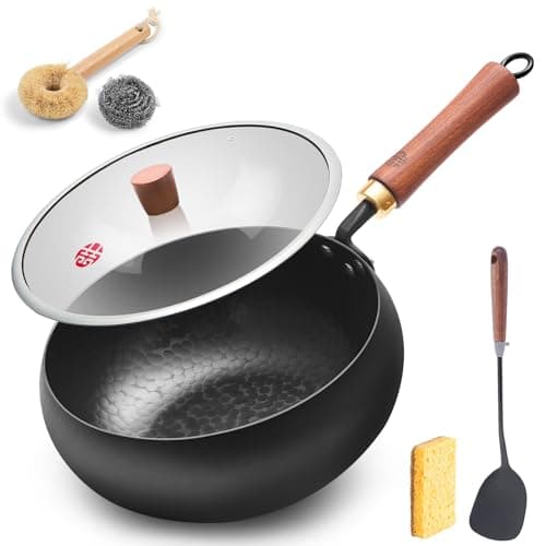 WANGYUANJI Carbon Steel Wok Pan Flat Bottom Iron Stir Fry Pan Induction Cookware 9.5 Inch Uncoated Small Traditional Skillet with Lid