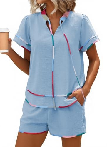 ECOWISH Womens Summer 2 Piece Outfits Babydoll Tops Shorts Sets Cute Loose Fit V Neck Shirts Tracksuits For Beach Vacation Holiday Light Blue L - Image 1