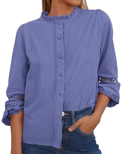 KIRUNDO Going Out Tops for Women 2026 Spring Fashion Boho Cotton Eyelet Long Sleeve Button Up Shirt Lace Dressy Casual Blouse(Dusty Blue, XX-Large) - Image 1