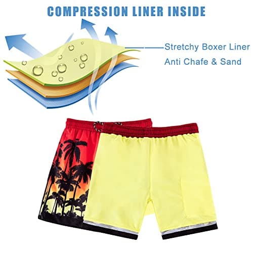 Cozople Boys Palm Tree Swim Trunks Quick Dry UPF Boxer Brief Liner Swimwear Bathing Suits Summer Surfing Beach Boardshorts Swimsuit with Inner Compression Shorts Lining - Thumbnail 5