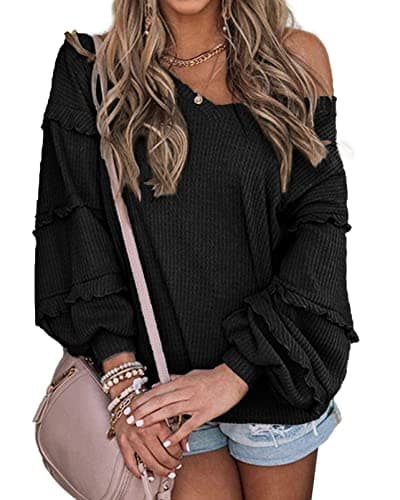 BTFBM Women’s V Neck Long Sleeve Blouse Loose Fit Tunics Ruffles Off Shoulder Waffle Knit Solid Color Tops Fall Tee Shirts(Solid Black,Small) - Image 1