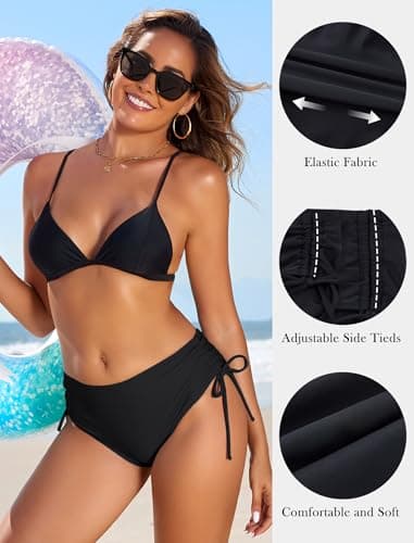 HUSKARY Bathing Suit Bottoms for Women Low Waisted Bikini Bottom Full Coverage Quick-Drying Side Tied Cheeky Swim Briefs Black Large - Thumbnail 5
