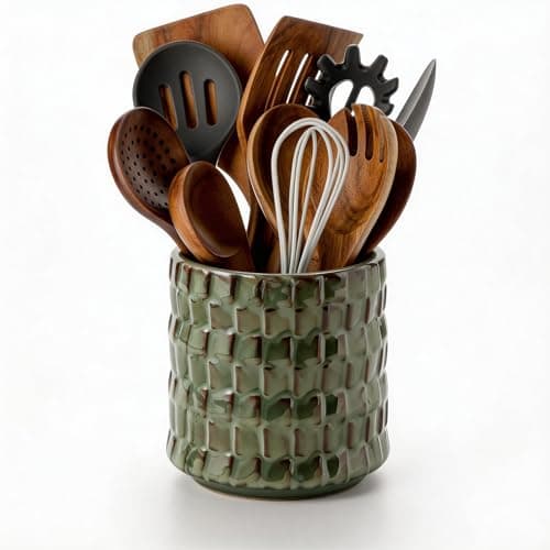 Utensil Crock Kitchen Utensil Holder, 5 Inches Small Ceramic Utensil Holder for Countertop, Unique Embossed Checkered Pattern, Seaweed Green Cooking Utensil Crocks for Kitchen, Home Decor Gift - Image 1