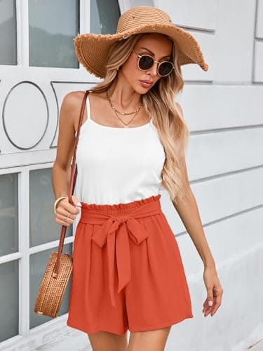 DEARCASE High Waist Shorts for Women Summer Orange Red Medium Cute Beach Adjustable Lightweight Tie Knot Drawstring Stretchy Lounge Casual Loose Wide Leg Office Boho Short Pants with Pockets - Thumbnail 6