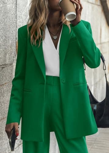 KIRUNDO Women Suits 2 Piece Set Business Casual Dressy Oversized Blazer Jacket and Wide Leg Dress Pantsuits Formal Outfits(Green, Medium) - Thumbnail 4