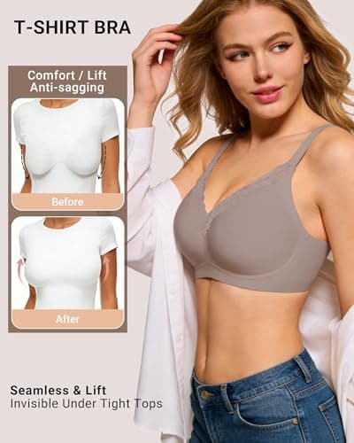 HORISUN Jelly Wireless Bras for Women Push Up V Neck Seamless T-Shirt Bras No Underwire Supportive Full Coverage Bralettes (Grey 42C) - Thumbnail 4