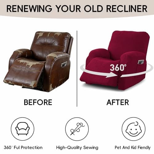 Cushonix Oversized Recliner Chair Covers,4-Piece Stretch Geometric Strokes Jacquard Reclining Chair Slipcovers,Furniture Protector with Side Pocket,Soft Breathable Couch Cover,Wine Red - Thumbnail 6