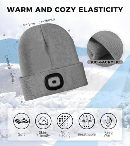 HEYAXA Bluetooth Beanie Hat, USB Rechargeable 4 LED Wireless Music Running Headlamp Cap, Dad Gifts for Husband, Dad, Birthday Gifts for Men, Dad, Father, Women, Him, Her, Grey - Thumbnail 4