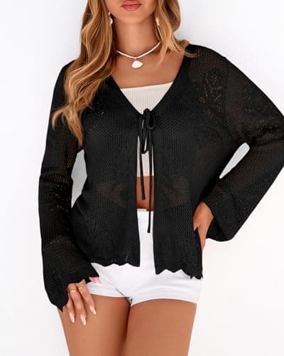 BTFBM Summer Cardigans for Women Lightweight 2026 Spring Crochet Hollow Out Long Sleeve Tie Front Beach Vacation Coverups(Black, XX-Large) - Thumbnail 6