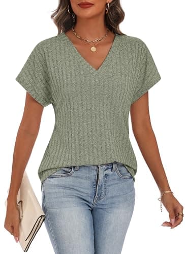 CVXV Women Tops Spring Vacation Summer 2026 V Neck Short Sleeve Shirts Rib Knit Casual Tops Basic Tee - Image 1