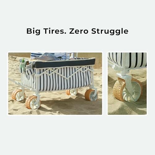 DEER LAND Beach Wagon Cart with Big 6.7" Fat Tires, Foldable Sand Wagon for Beach, Camping & Outdoor Use – Large Capacity, Easy Pull Design, Heritage Navy Stripe - Thumbnail 3