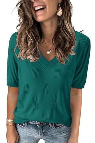 Arach&Cloz Women's Summer Fall Tops 2025 Short Sleeve Plus Size Sweaters V Neck Trendy Fashion Knit Clothes Dressy Cute Casual Outfits Business Work Blouse Green S - Image 1