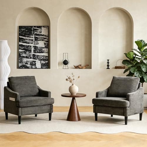 XYPFURN Accent Chairs Set of 2 for Living Room, Mid Century Modern Reading Chair with Side Storage Pocket, Comfy Upholstered Armchair with Solid Wood Legs for Bedroom, Office, Waiting Room (Gray)