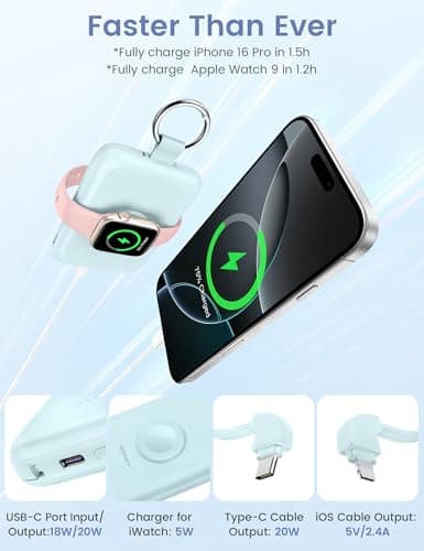 RORRY CharmGo Portable Charger, 10000mAh 20W Fast Charging Portable Charger Power Bank with Built in Cables, Travel Battery Pack for iPhone 17/16/15/14/13/12 and Apple Watch, Mom-Pink - Thumbnail 4