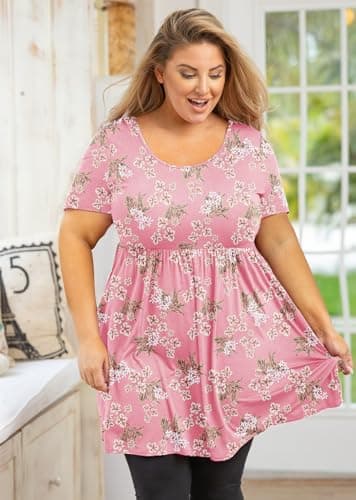 AusLook Women's Plus Size Tunic Short Sleeve Clothes Scoop Neck Summer Tops Pleated Flowy Loose Fit Babydoll T Shirt L-5X, D07-pink Floret, 3XL Plus - Thumbnail 2