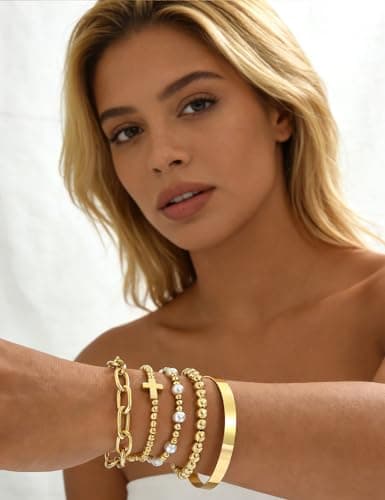 17 MILE Gold Beaded Bracelets for Women Non Tarnish, 14K Gold Plated Chunky Paperclip Chain Bracelet, Pearl Stretch Stackable Bracelet, Cross Bead Ball Elastic Bracelet Stack - Thumbnail 4