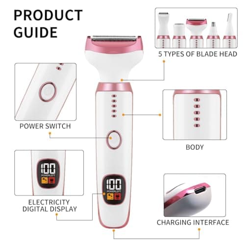 Electric Razors for Women, Bikini Trimmer for Women 5 in 1 Body Shaver for Nose Hair Face Eyebrow Arms Legs Armpit Underarm Pubic Area, Replaceable Lady Facial Razor Painless USB Charge Female Gift - Thumbnail 4