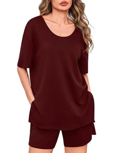 Totatuit Summer Lounge Sets for Women 2 Piece Outfits Oversized U Neck Top and Shorts Set Casual Matching Pajamas for Airport and Vacation Wine Red Small - Image 1