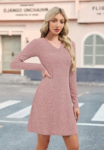 MOLERANI Women's Long Sleeve Ribbed Knit Fall Dress for Women 2025 Sweater Dresses - V Neck Homecoming Party Wedding Guest Dresses Elegant Flattering Fit for Teachers, Dusty Pink, 2XL - Thumbnail 4