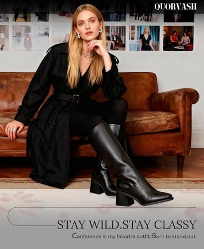 Quorvash Knee High Boots Women - Long Elastic Faux Leather Boots Tall Square Toe Chunky Block High Heel Shoes with Side Zipper Black 10 - Thumbnail 2