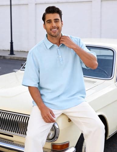 Eisctnd Men's Polo Shirts Short Sleeve Linen Blend Golf Collared T-Shirt for Summer Wedding Beach Vacation Business Casual(SkyBlue-XXL) - Thumbnail 5