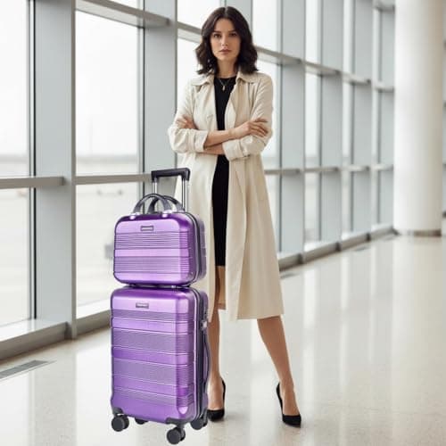 GigabitBest 2-Piece Carry On Luggage Set, 14-Inch Makeup Case & 20-Inch Suitcase, PC+ABS Hardshell, TSA Lock, Detachable 360° Spinner Wheels, Lightweight Travel Suitcase for Short Trips(Purple) - Thumbnail 2