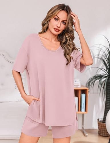 Totatuit 2 Piece Lounge Sets for Women Oversized Tee and High Waist Shorts Summer Matching Outfits Soft Pajama Set for Vacation and Sleep Pink Small - Thumbnail 2