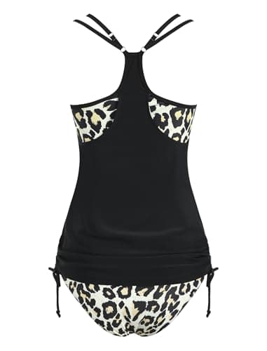 ZAFUL Two Piece Tankini Swimsuit for Women High Waisted Tummy Control Bathing Suit Double Up Tankini Set 1-Leopad b XL - Thumbnail 3