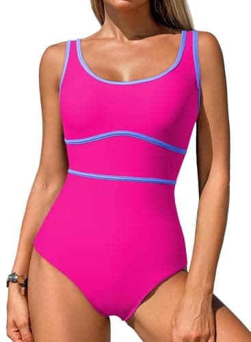 Dokotoo Full Coverage Swimsuits for Women Crisscross Lace Up Back Color Block Scoop Neck Swimwear Color Block Slimming Athletic Swim Suit Rose Red Medium - Image 1