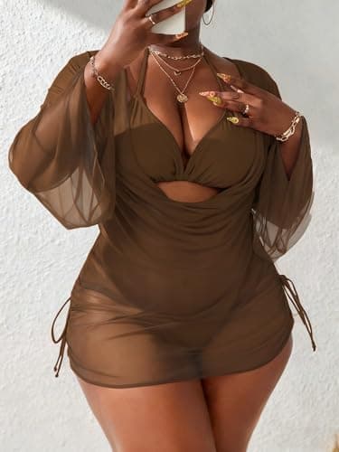 WODECASA Women's Plus Size 3 Piece Swimsuits Halter Triangle Bikini Set with Drawstring Semi Sheer Cover Up Bathing Suit - Thumbnail 2
