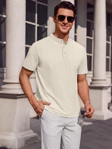 Crastimo Men's Henley Short Sleeve Shirt Stretchy Regular Fit Moisture Wicking Lightweight Soft Texture Fabric Ribbed Knitted Waffle Men Off White M - Thumbnail 3