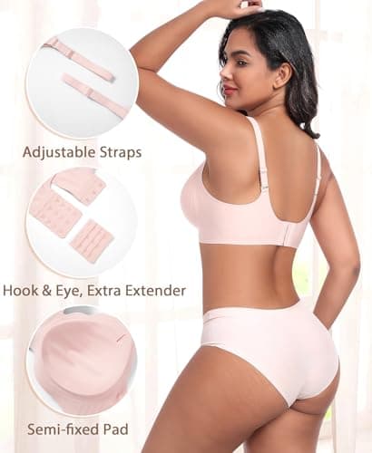 Ganado Scalloped Wireless Bras for Women Seamless No Underwire Bra Full Coverage Padded Comfortable Bralettes (Pink, Large) - Thumbnail 3