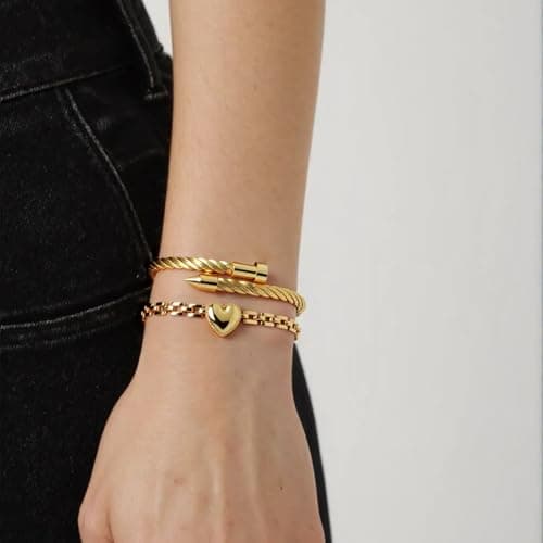 LCTrusttmor Gahna Heart Bracelets for Women, Stackable 18K Gold Plated Heart Charm with Adjustable Link Chain Set Trendy Jewelry Gifts - Thumbnail 2